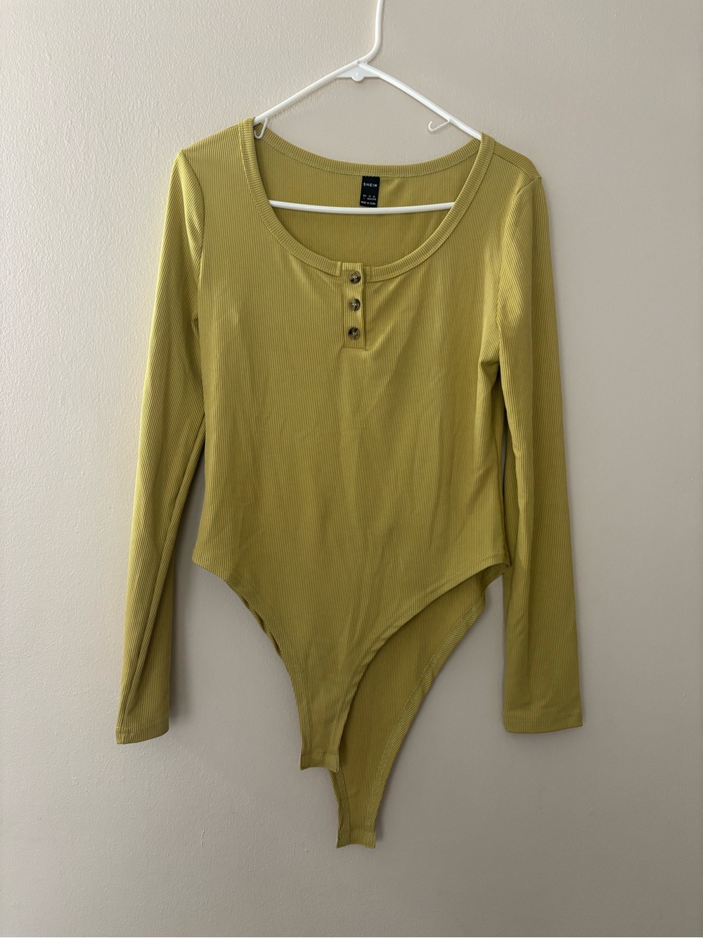 SHEIN Ribbed Long Sleeve Henley Bodysuit in Olive Green